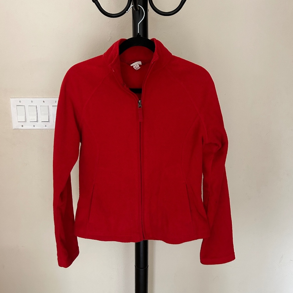 Fitted Red Fleece Zip Jacket with 2 Pockets Stand Collar